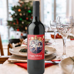 Christmas red gold bauble team photo logo wine label<br><div class="desc">Red background. Personalise and add your own photo and company logo. A golden Christmas tree bauble as frame. Add a text,  name or your web url.</div>