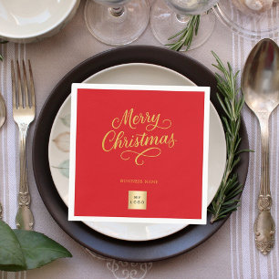 Christmas red gold business logo napkin