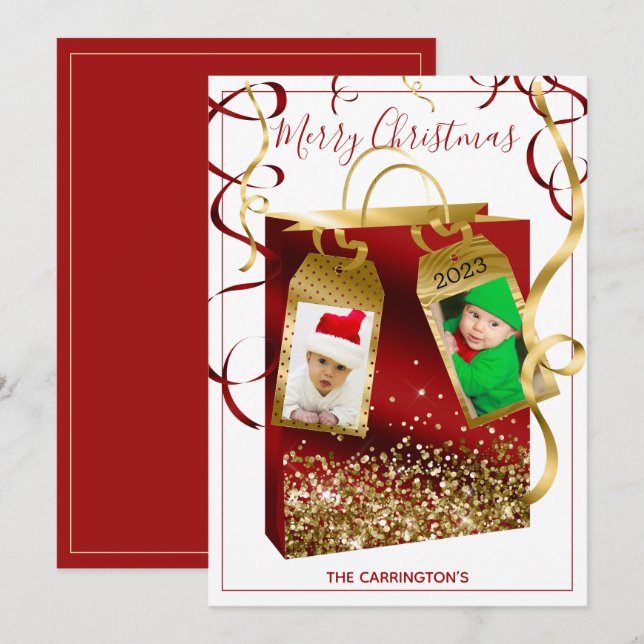 Christmas Red Gold Glitter Two Photo Holiday Card (Front/Back)