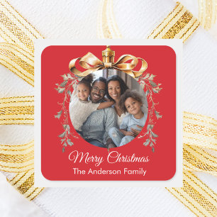 Christmas red gold ornament family photo square sticker