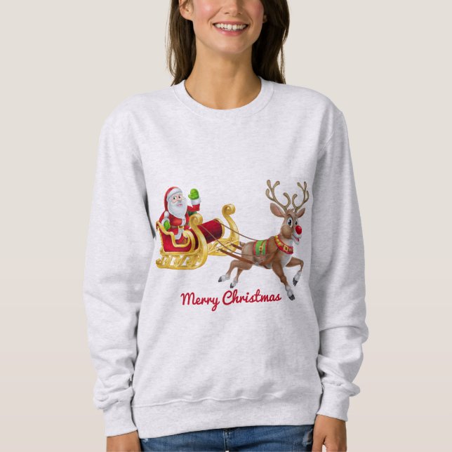 Christmas Red Golden Santa Sleigh Reindeer Holiday Sweatshirt (Front)