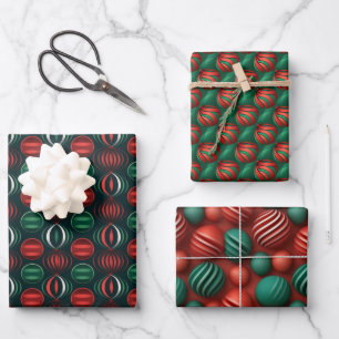 Christmas Red & Green 3D Ornament Design Wrapping Paper Sheet