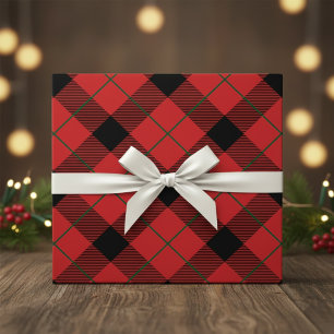 Christmas Red, Green And Black Diagonal Plaid Wrapping Paper