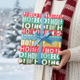 Christmas Red Green and Gold HO! HO! HO! Stripes Wrapping Paper