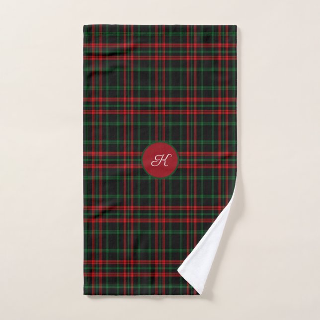 Christmas, Red Green Black Irish Plaid Monogram Bath Towel Set (Hand Towel)