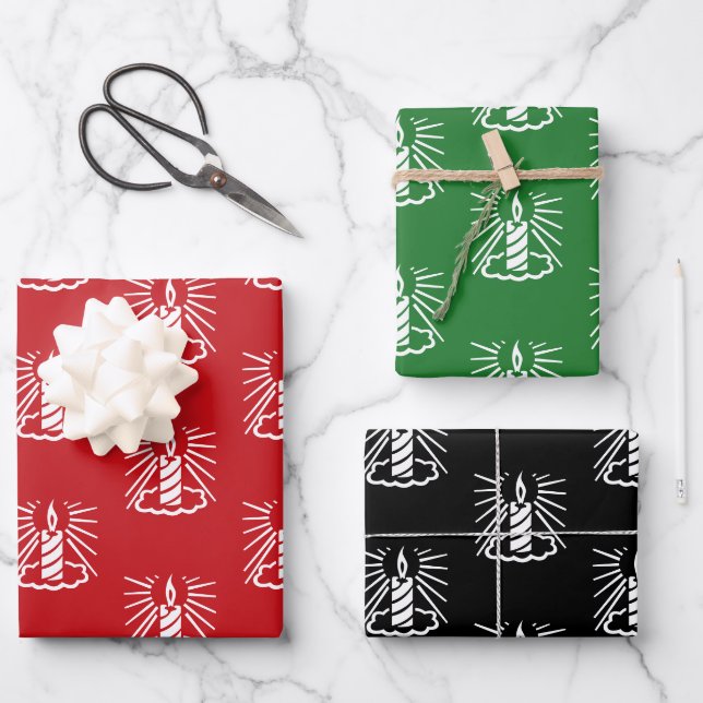 Christmas red green black white candles pattern wrapping paper sheet (Front)