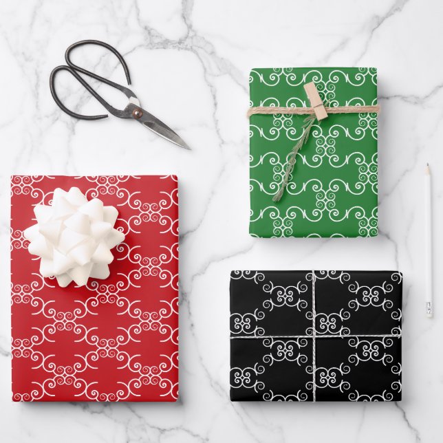 Christmas red green black white whimsical assorted wrapping paper sheet (Front)