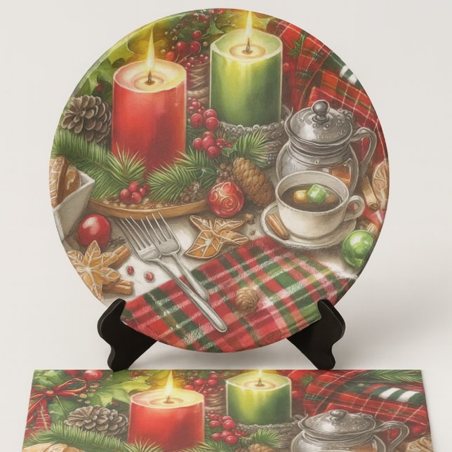 Christmas Red & Green Candlelight with Cookies Tissue Paper (Decoupage Christmas Plate made from holiday designed tissue paper)