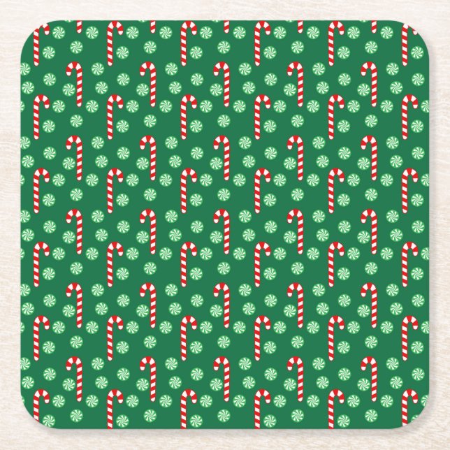 Christmas Red Green Candy Canes Square Paper Coaster (Front)