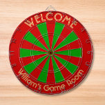 Christmas Red Green Custom Metal Cage House Party Dartboard<br><div class="desc">Create your own custom, personalised, fun, cool, stylish, christmas red and green colour, regulation size (18"diameter, 1"h) aluminium frame metal cage dart board. Comes with 6 brass darts (3 American flag dart flights and 3 UK dart flights). You may mount it anywhere – above your wastebasket at work or on...</div>