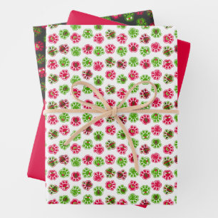 Christmas Red Green Dog Paw & Holiday Icons  Wrapping Paper Sheet
