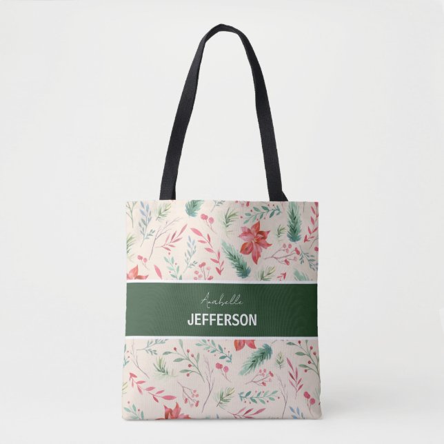 Christmas Red Green Flowers Monogram  Tote Bag (Front)