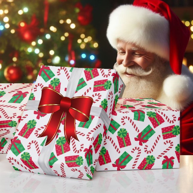 Christmas Red Green Gifts with Cady Canes Wrapping Paper (Creator Uploaded)