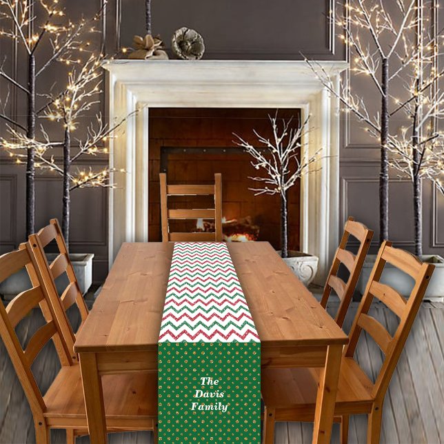 Christmas Red Green Glitter Candy Cane Custom Name Short Table Runner (Creator Uploaded)