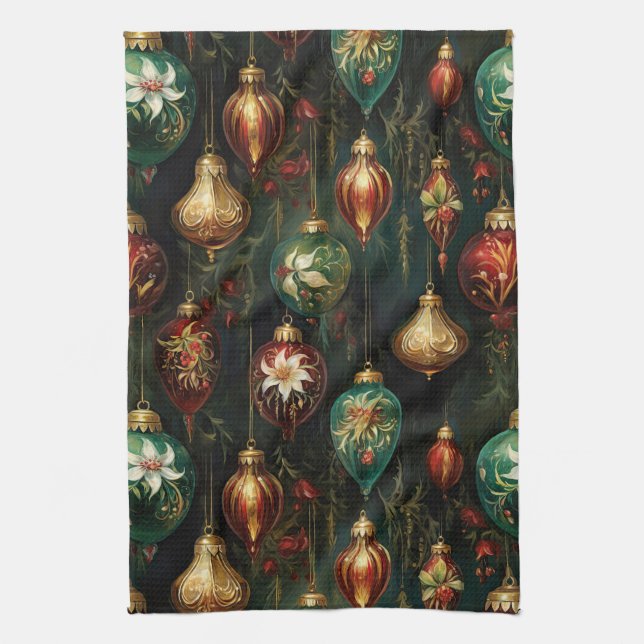 Christmas Red Green Gold Ornaments Tea Towel (Vertical)