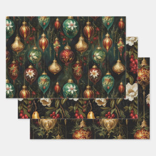 Christmas Red Green Gold Ornaments Wrapping Paper Sheet