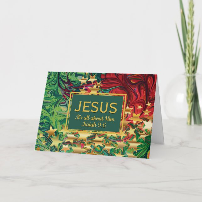 CHRISTMAS Red Green Gold Stars Christian Holiday Card (Front)