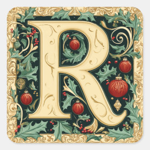 Christmas Red & Green Letter R: Festive Elegance Square Sticker