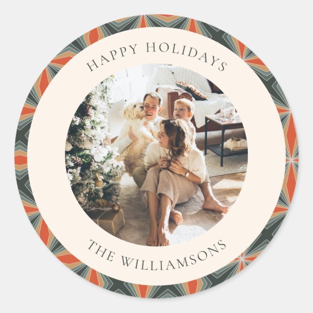 Christmas Red Green Mid Century Geometric Photo Classic Round Sticker (Front)