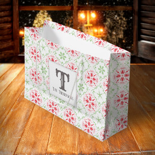 Christmas Red Green Monogram Snowflake Monogram Large Gift Bag