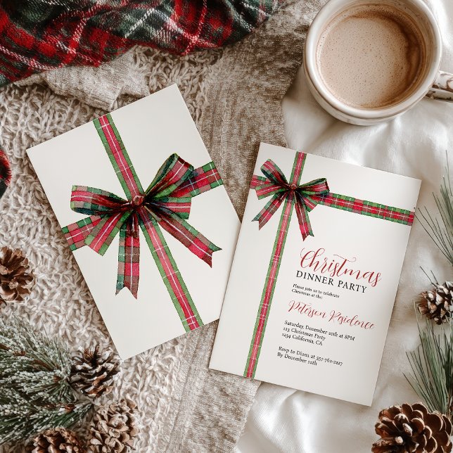 Christmas Red Green Plaid Coquette Bow Holiday Invitation (Christmas Red Green Plaid Coquette Bow Holiday Invitation)