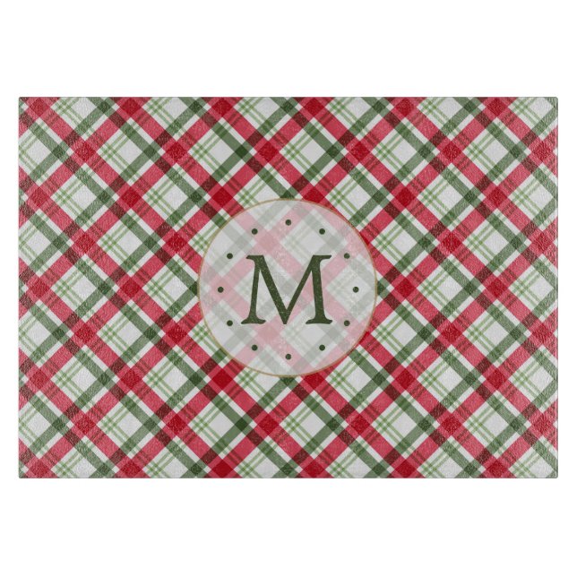 Christmas Red Green Plaid Monogram Cutting Board (Front)