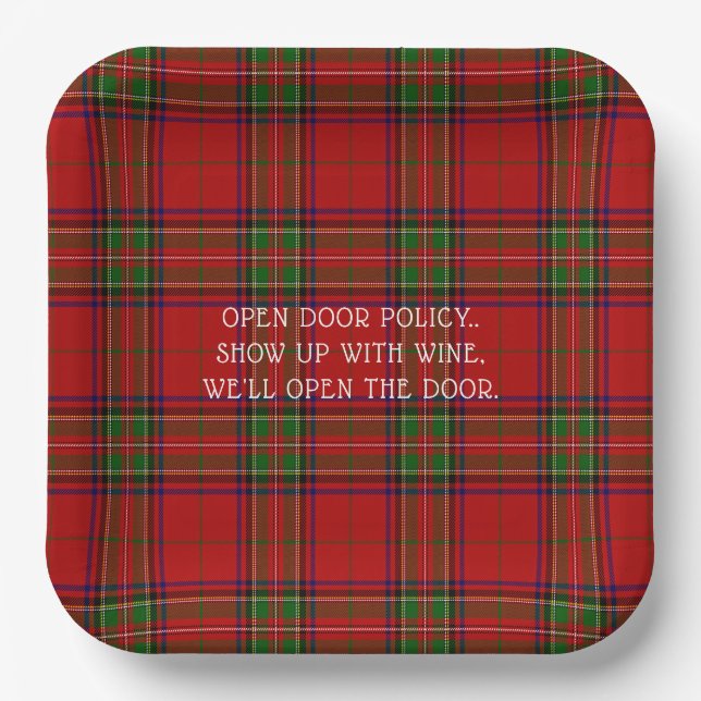 Christmas Red Green Plaid Show up with Wine Paper Plate (Front)
