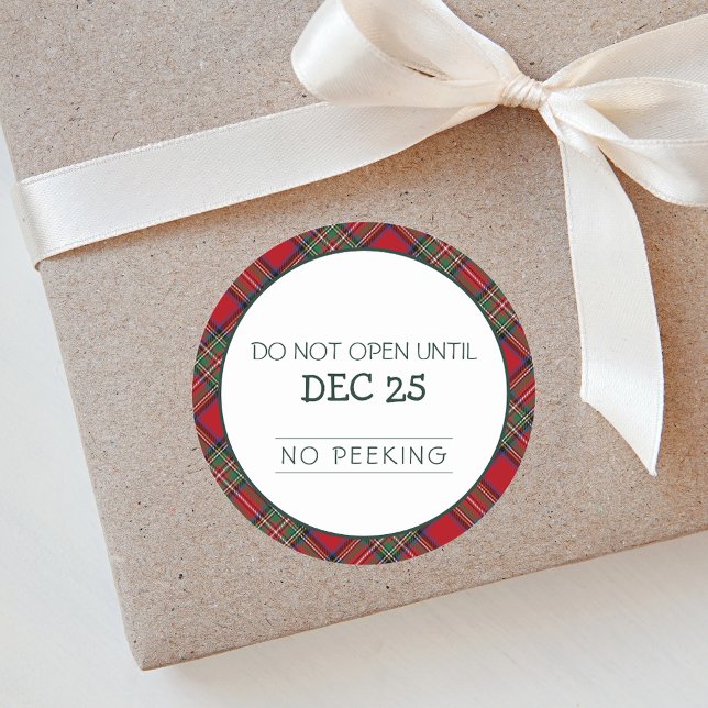 Christmas Red Green Plaid Stewart Tartan Classic Round Sticker (Rustic Plaid Do Not Open Stewart Tartan Classic Round Sticker)