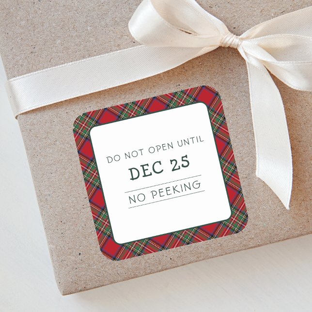 Christmas Red Green Plaid Stewart Tartan Square Sticker (Rustic Plaid Do Not Open Stewart Tartan Square Sticker)