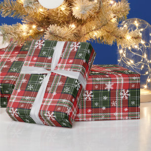 Christmas Red Green Plaid with White Snowflakes Wrapping Paper