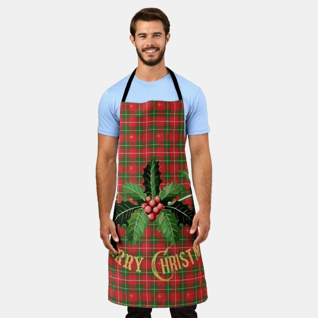 Christmas Red Green Plaid with Wreath Apron (Worn)