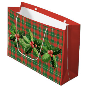 Christmas Red Green Plaid With Wreath Large Gift Bag