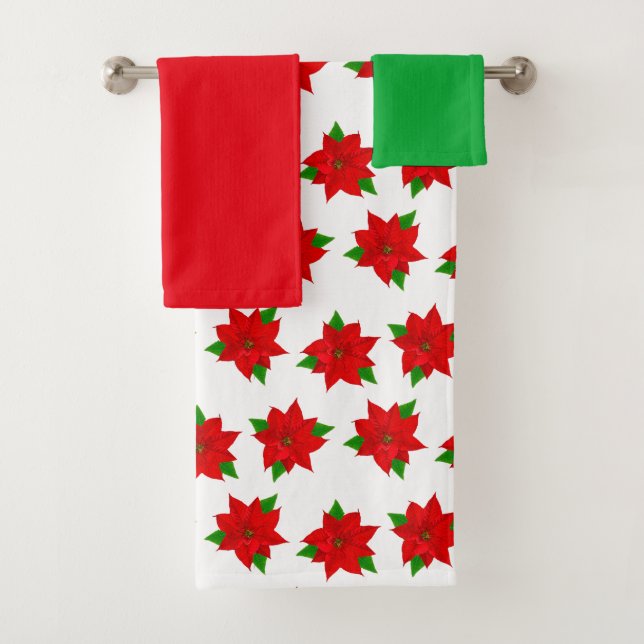 Christmas red, green & poinsettia flowers on white bath towel set (Insitu)