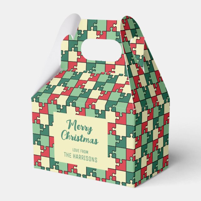 Christmas Red Green Puzzle Piece Geometric Favour Box (Front Side)