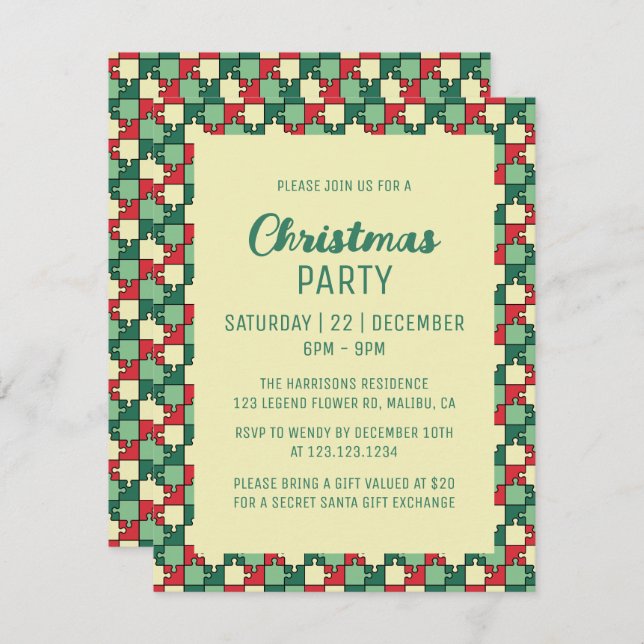 Christmas Red Green Puzzle Piece Geometric Invitation (Front/Back)
