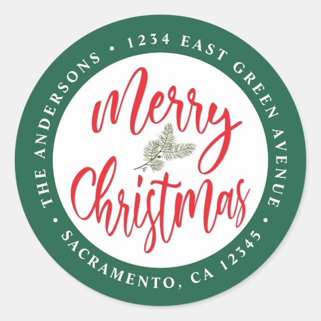 Christmas Red & Green Return Address Classic Round Sticker (Front)