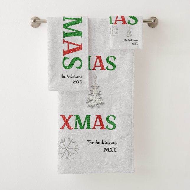 Christmas Red Green Rhinestone Xmas Calligraphy Bath Towel Set (Insitu)