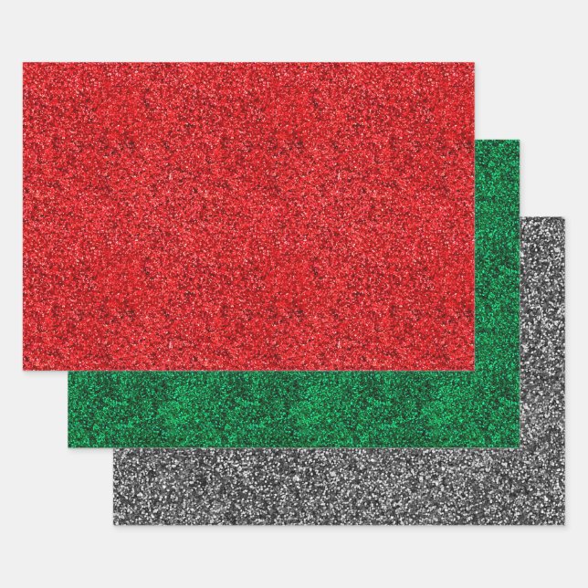 Christmas Red, Green, & Silver Faux Glitter Glossy Wrapping Paper Sheet (Set)