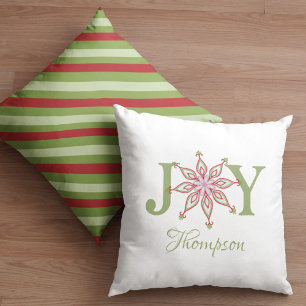 Christmas Red Green Snowflake Joy Typography Cushion