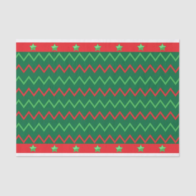 Christmas Red Green Stars And Zigzag Stripes Tissue Paper (Front)