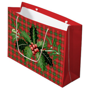 Christmas Red Green Stars Plaid with Wreath Large Gift Bag