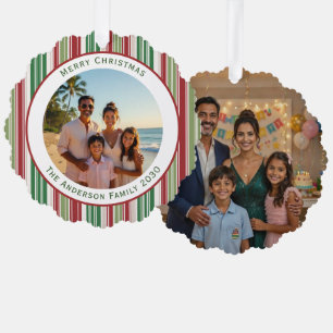 Christmas Red & Green Stripes Easy 2 Photo Tree Decoration Card
