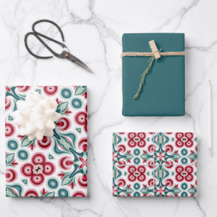 Christmas Red, Green & White Pattern Wrapping Paper Sheet