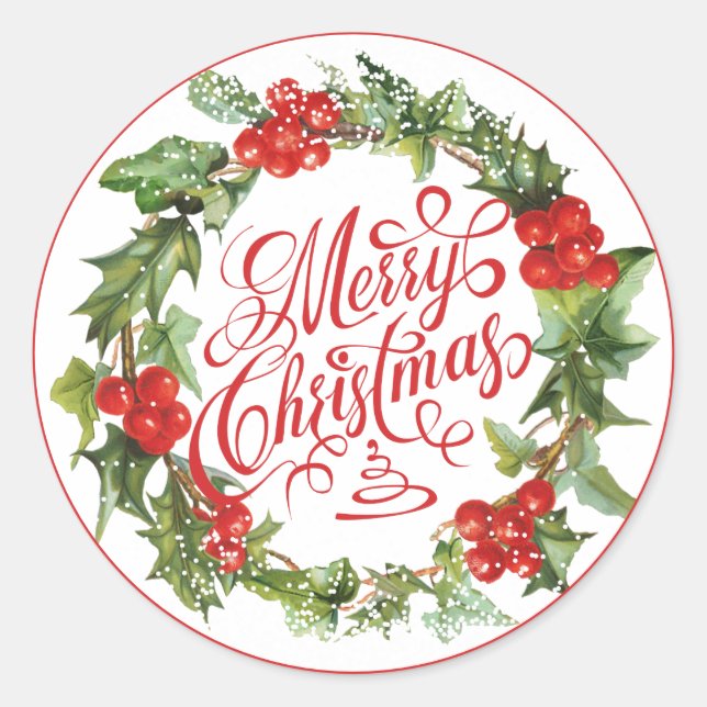 Christmas Red Green Wreath Holly Ivy Typography Classic Round Sticker (Front)