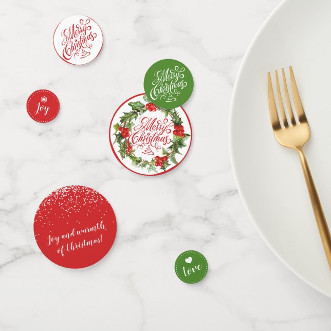 Christmas Red Green Wreath Holly Ivy Typography Confetti (Group)