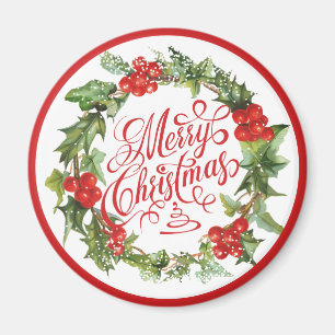 Christmas Red Green Wreath Holly Ivy Typography Magnet