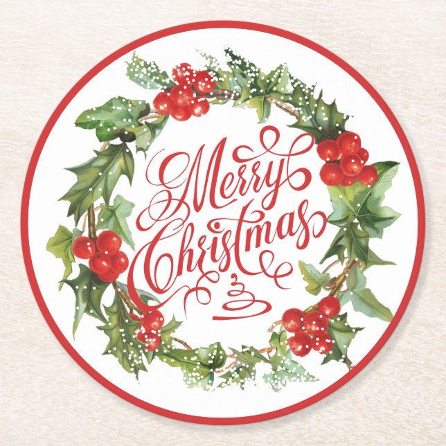 Christmas Red Green Wreath Holly Ivy Typography Round Paper Coaster (Front)