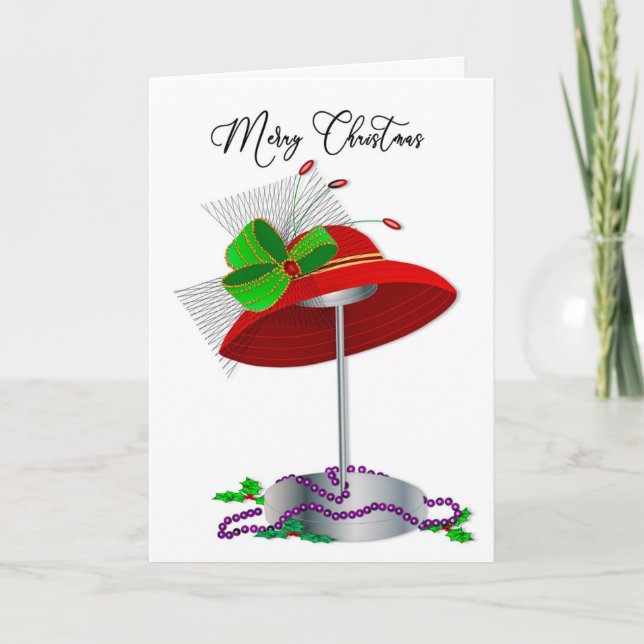 Christmas Red Hat Ladies Hat on Stand Purple Beads Holiday Card (Front)