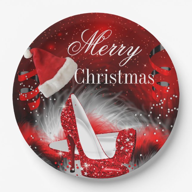 Christmas Red High Heel holiday Party Santa hat Paper Plate (Front)