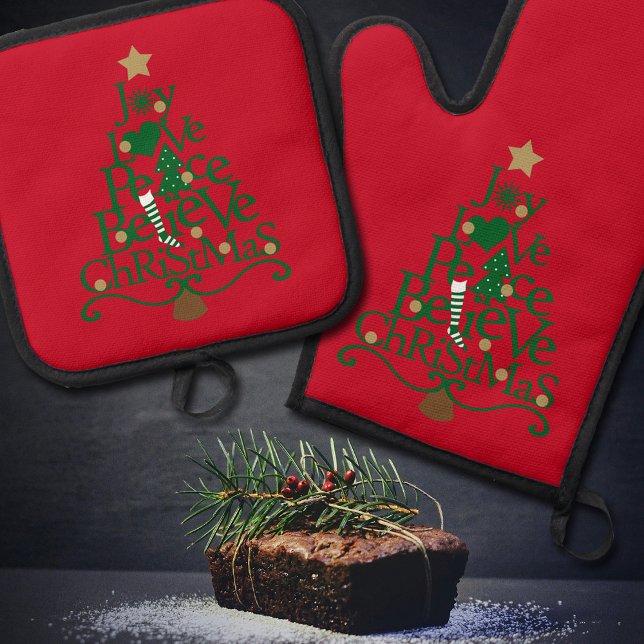 Christmas Red Holiday Word Tree Oven Mitt & Pot Holder Set (This cute red potholder set is the perfect choice for your holiday baking and decor.)